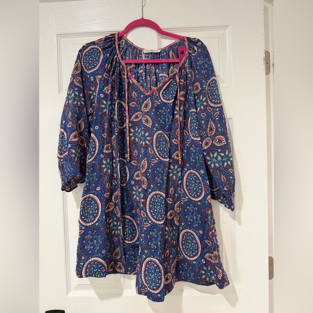 NATURAL LIFE Blue Paisley Boho mini dress with Pink Trim